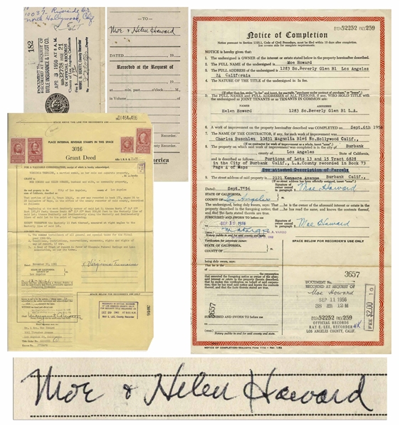 1950 Grant Deed Signed by Moe ''Moe & Helen Howard''; ''Notice of Completion'' for His Home Twice-Signed by Moe; Unsigned 1961 Grant Deed -- Various Sizes -- Very Good Condition